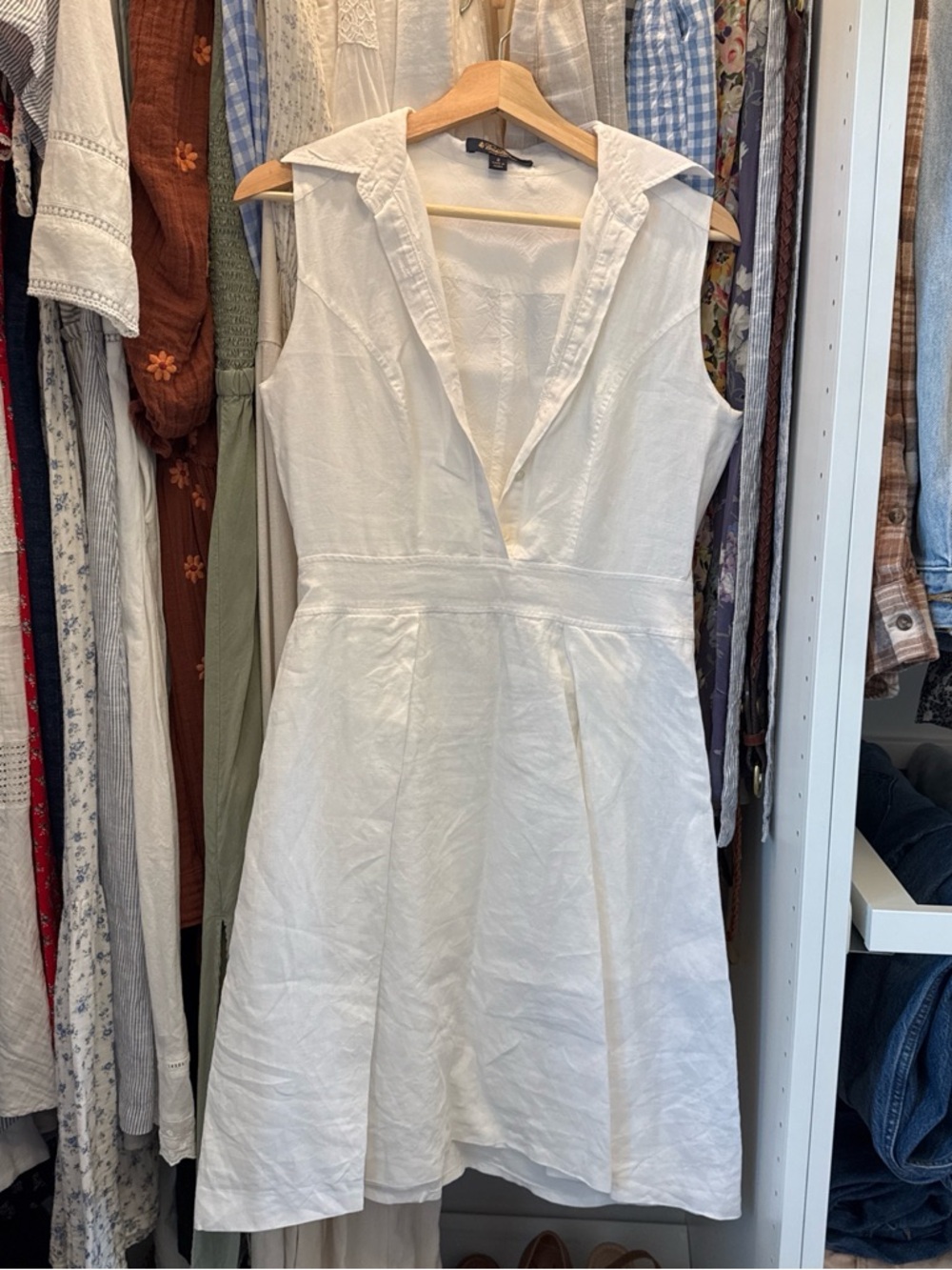 Brooks Brothers White Sleeveless Collared Linen Dress